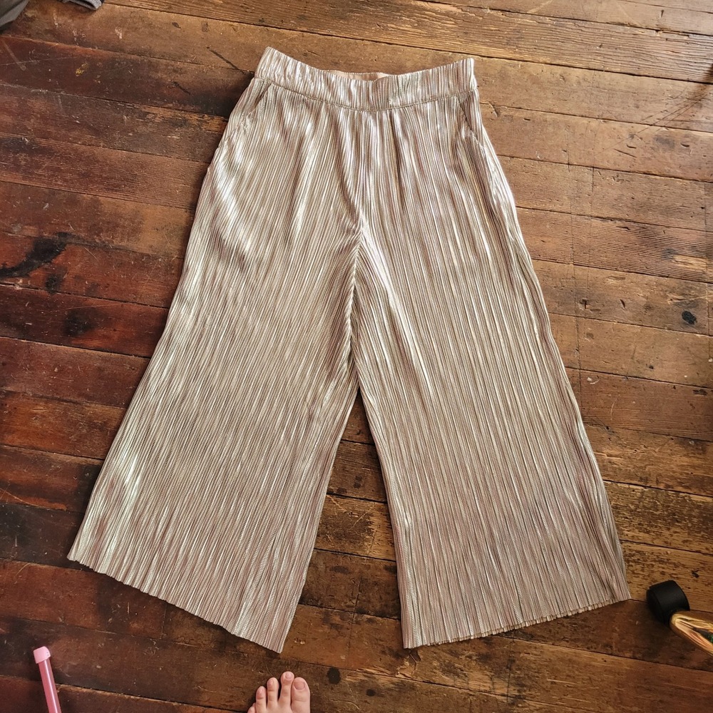 Bebe Metallic Gold Wide Leg Pleated Pants High Rise Side Zip Size 8 Evening Glam